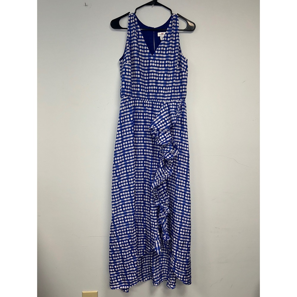 Vineyard Vines 100% Silk Blue Polka Dot Waterfall Ruffle Maxi Dress Size 8